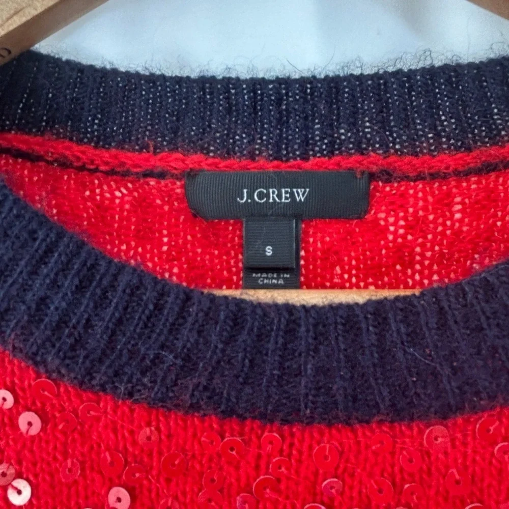 J.Crew Women’s Crew Neck Sweater Red Sequins and Blue Trim 3/4 Sleeves Small
